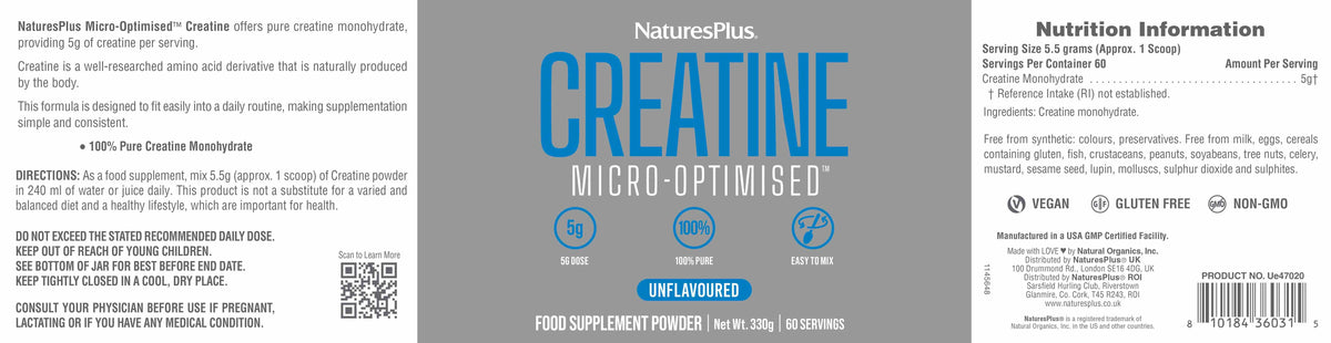 NaturesPlus Creatine Micro-Optimised supplement label with nutritional information and ingredients.
