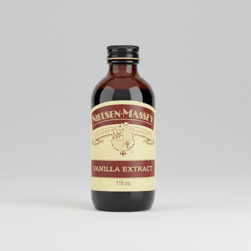 Bottle of Nielsen-Massey vanilla extract on a white background