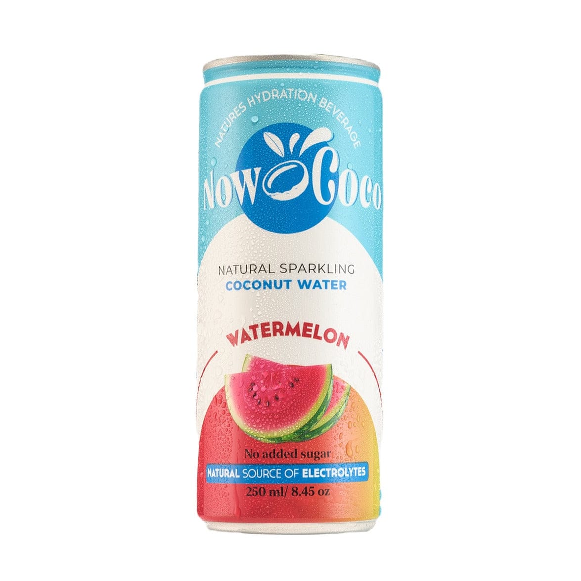 Can of Now Coco watermelon-flavored coconut water on a white background