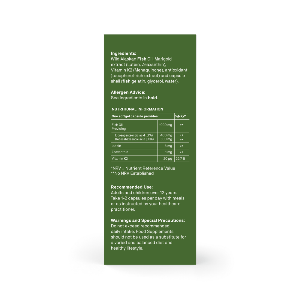 A dark green rectangular supplement label showing ingredients, allergen advice, nutritional information, recommended use, and warnings on a plain white background.