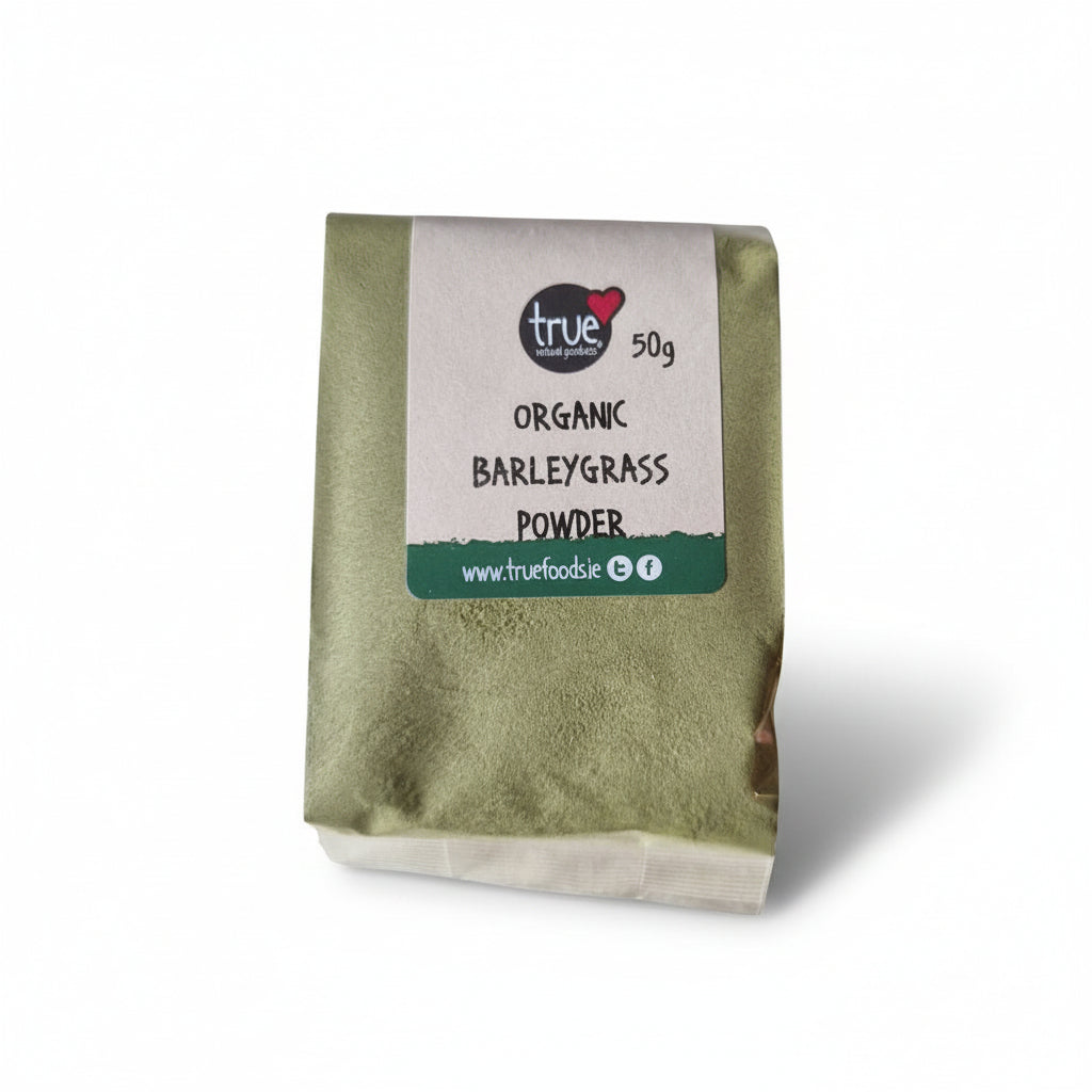 Bag of organic barleygrass powder with 'true' brand label on a white background