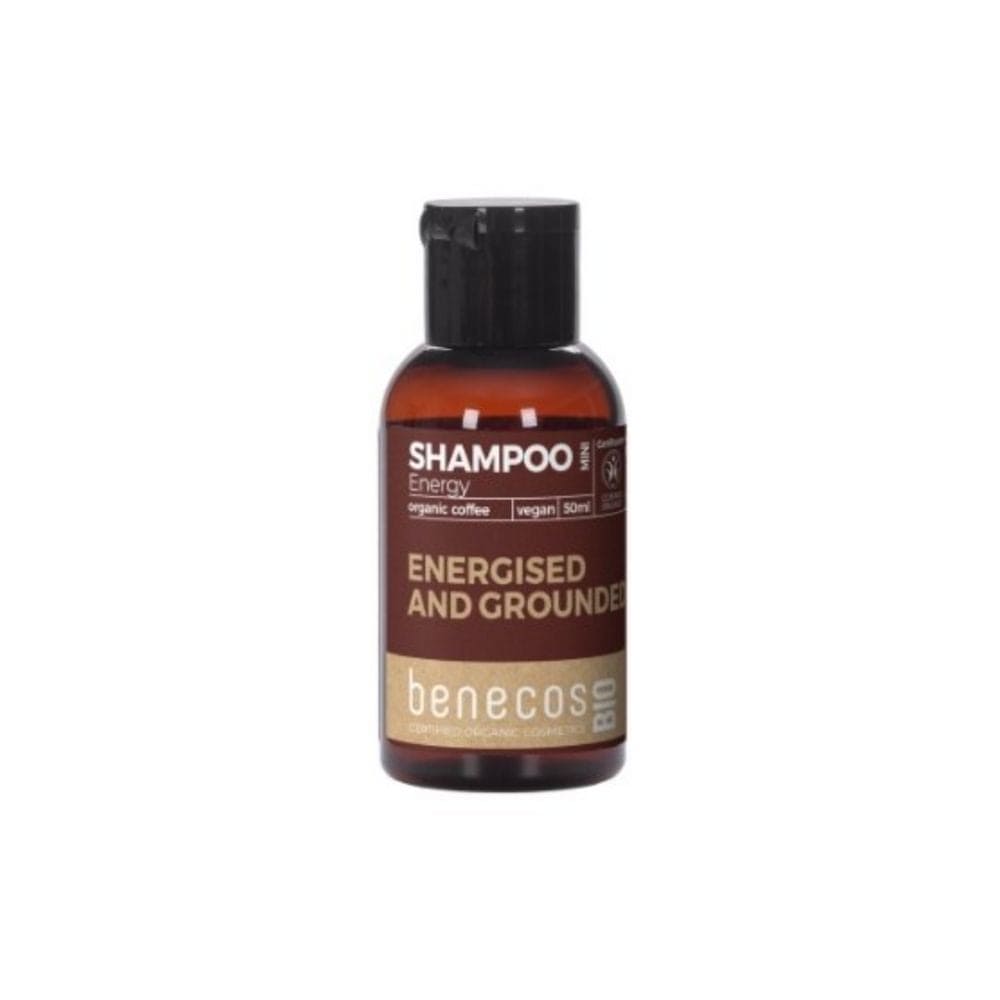 Benecos shampoo bottle labeled 'Energised and Grounded' on a white background