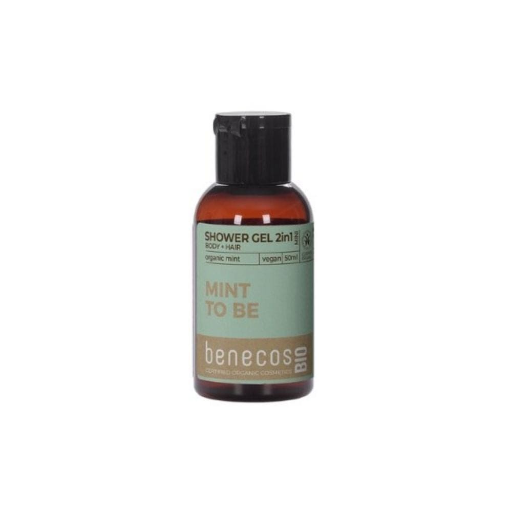 Benecos shower gel bottle with label on a white background