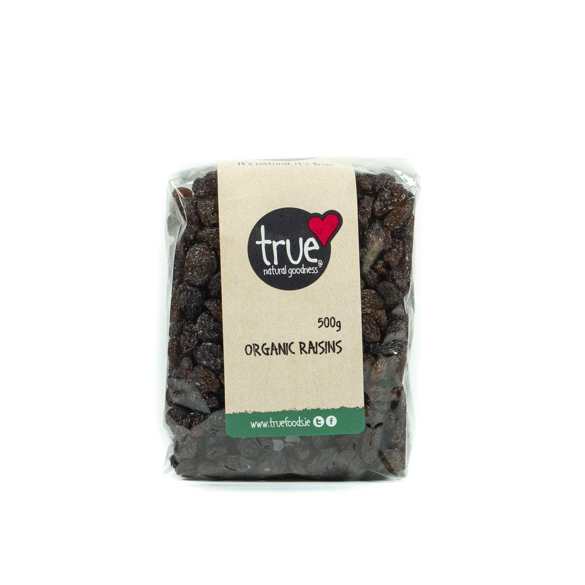 A 500g package of True Natural Goods Organic Raisins, showing the dark brown raisins inside a clear plastic bag with a beige paper label.