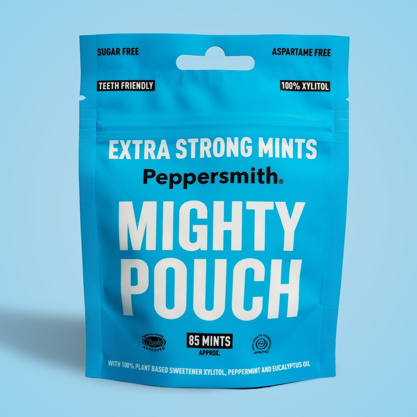 Peppermill Extra Strong Mints Mighty Pouch on a blue background