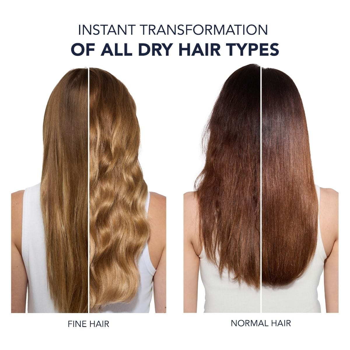 Before and after comparison of hair transformation for fine and normal hair types with text 'Instant Transformation of All Dry Hair Types'.