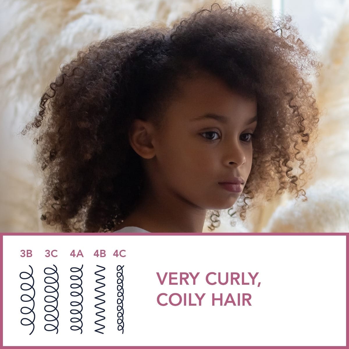Child with very curly, coily hair against a neutral background