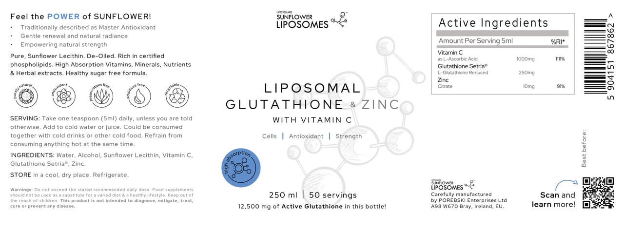 Liposomal Glutathione & Zinc supplement label with active ingredients and branding.