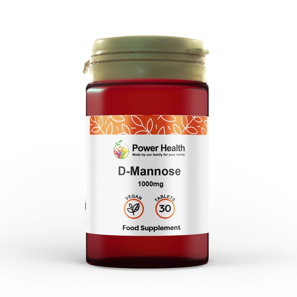 A bottle of Power Health D-Mannose 1000mg food supplement, featuring a white label with orange accents and a gold cap, set against a plain white background.