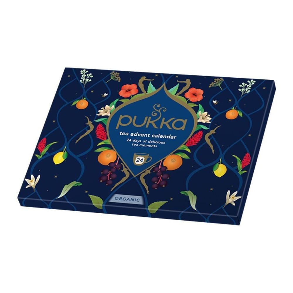 Pukka tea advent calendar box with floral design on a white background
