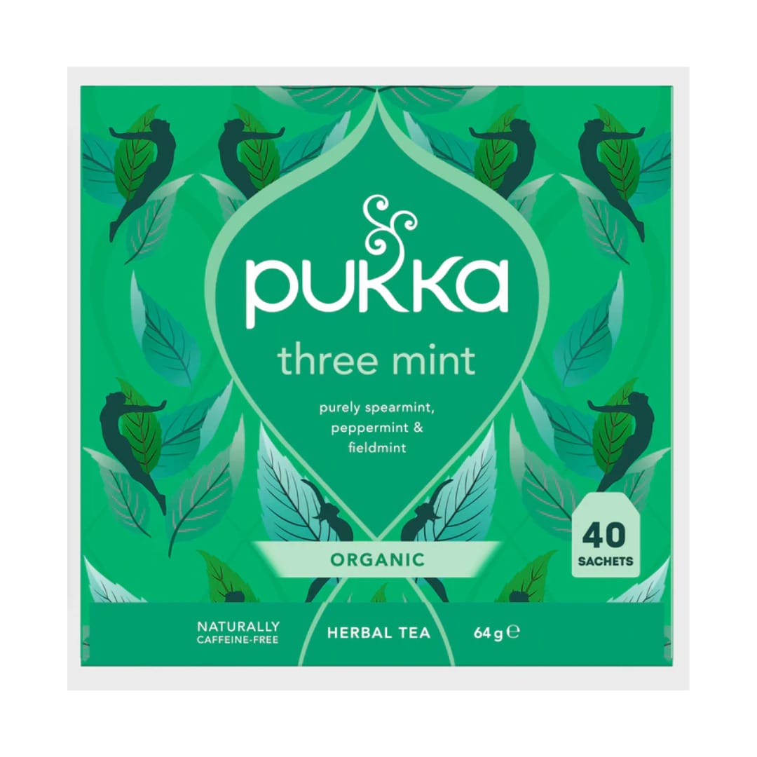 Pukka Three Mint Organic herbal tea box, featuring a vibrant green design with illustrated leaves and birds, and white text. The packaging indicates it contains 40 sachets and is 64g.