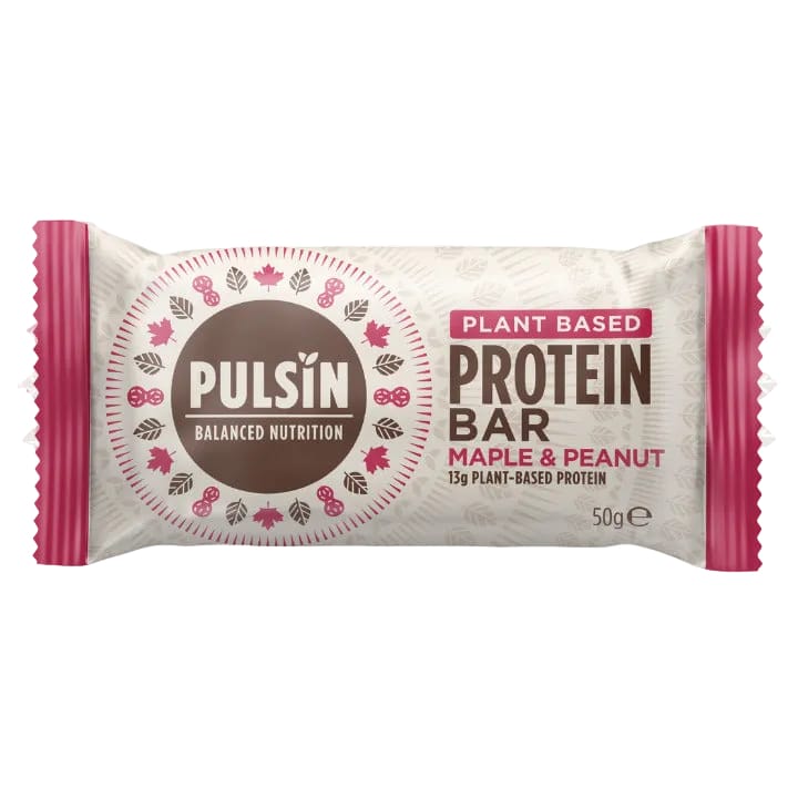 Pulsin' plant-based protein bar with maple and peanut flavor on a white background