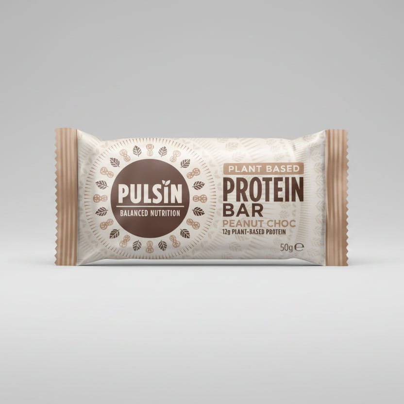 Pulsin' plant-based protein bar packaging on a white background