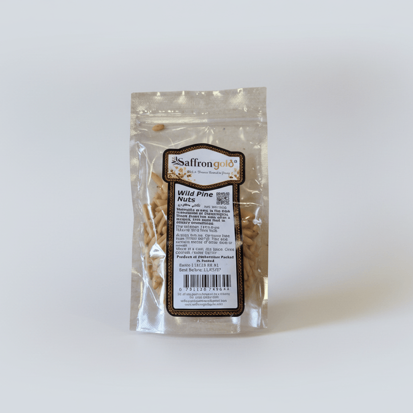Package of wild pine nuts with Saffron Gold branding on a white background