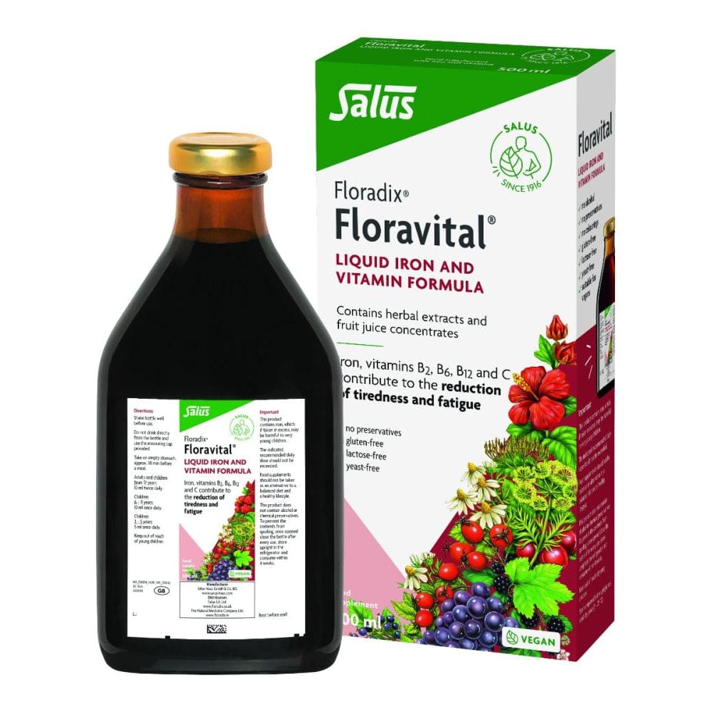 Salus Floravital liquid iron and vitamin formula bottle and packaging on a white background