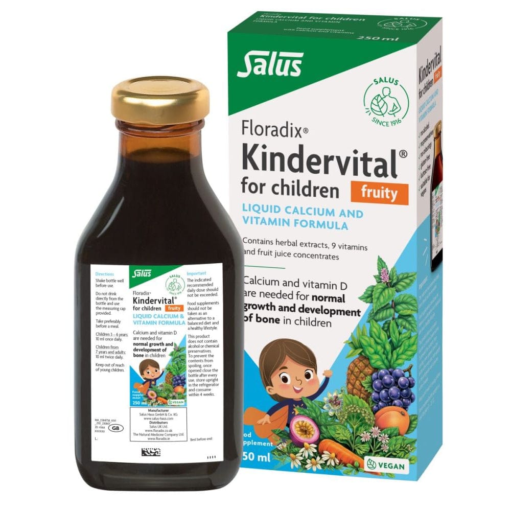 Salus Floradix Kindervital for children bottle and packaging on a white background