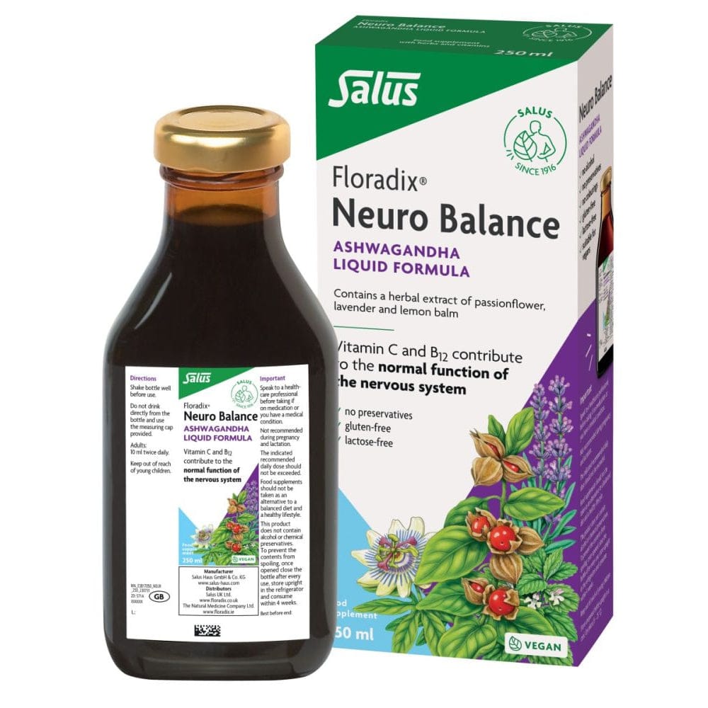 Salus Floradix Neuro Balance supplement bottle and packaging on a white background