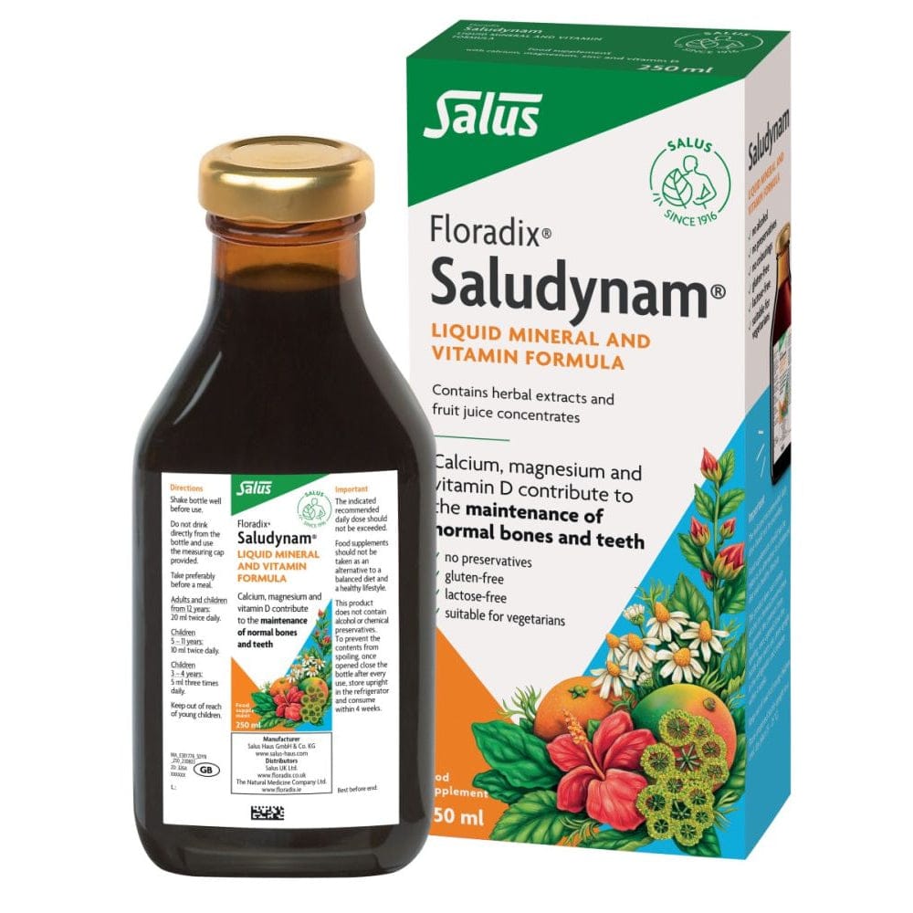 Saludynam liquid mineral and vitamin formula bottle and packaging on a white background