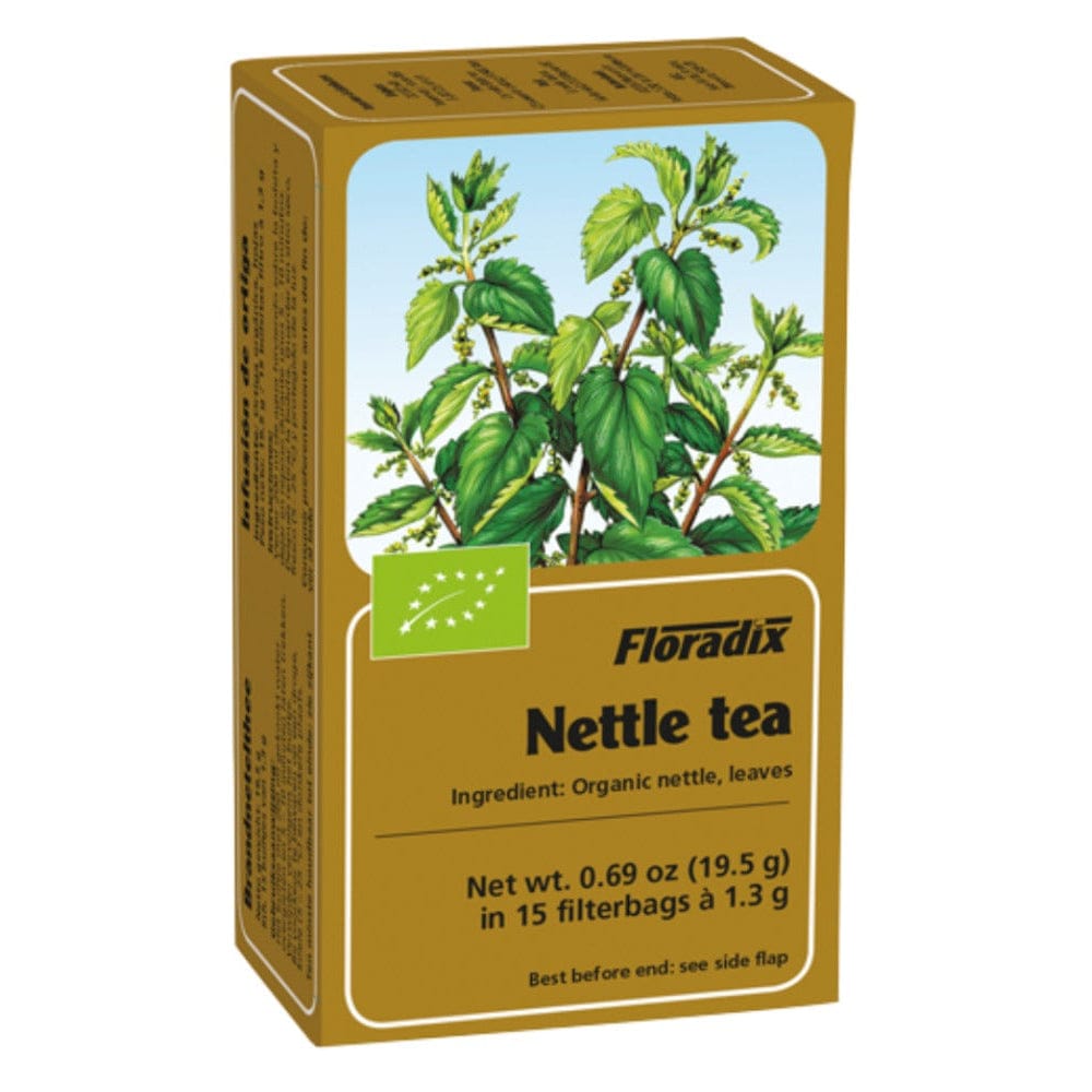 Box of Floradix Nettle tea with nettle leaf illustration on a white background
