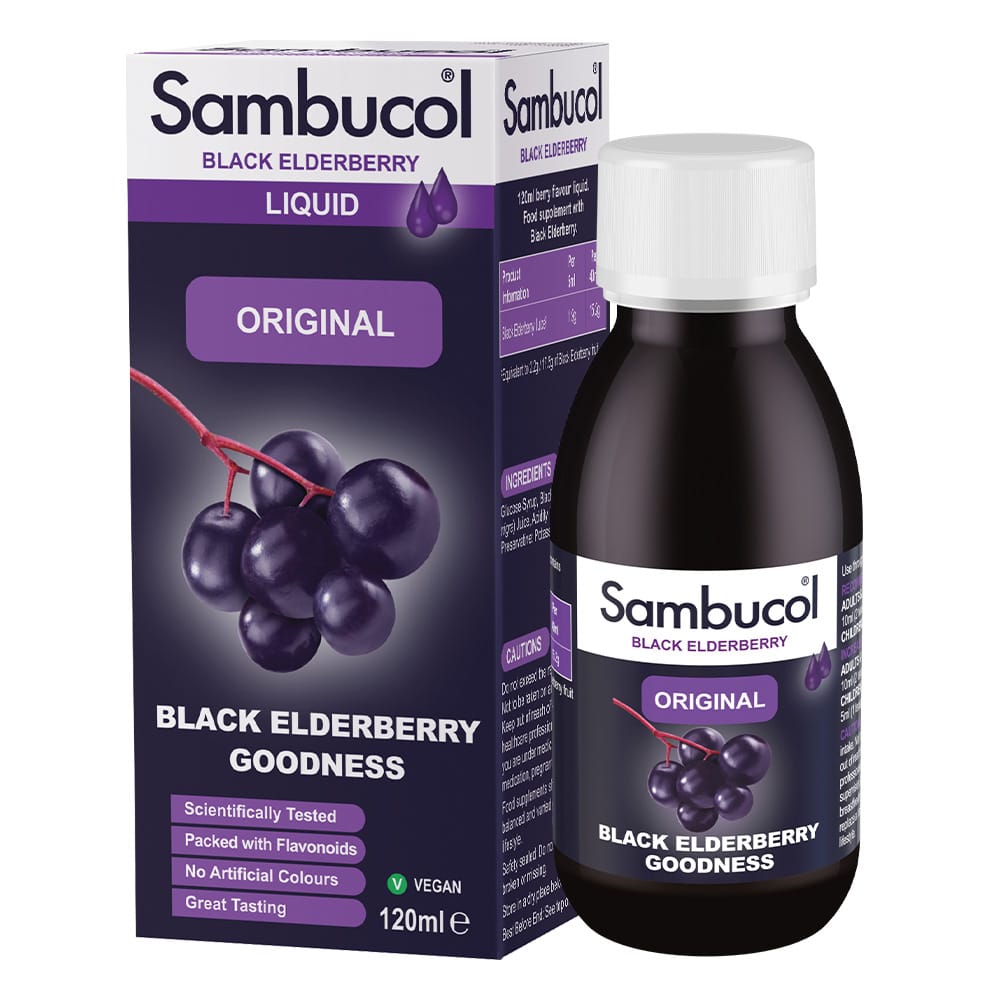 Sambucol Black Elderberry Liquid Original, 120ml bottle and packaging box on a white background.