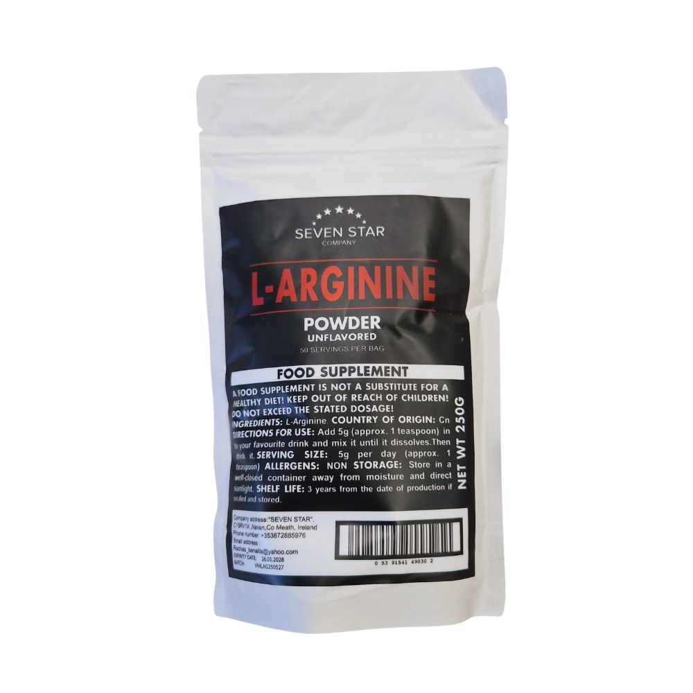 Package of L-Arginine powder on a white background
