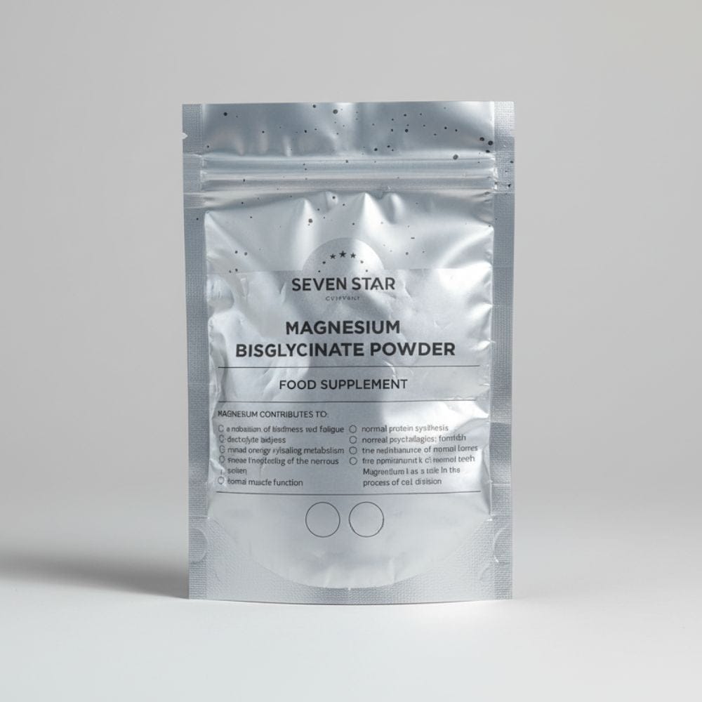 Sealed package of Seven Star Magnesium Bisglycinate Powder on a light gray background