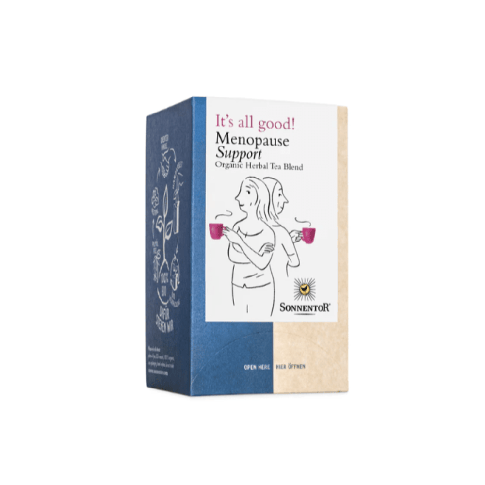 Menopause support tea blend packaging with Sonnentor branding on a white background