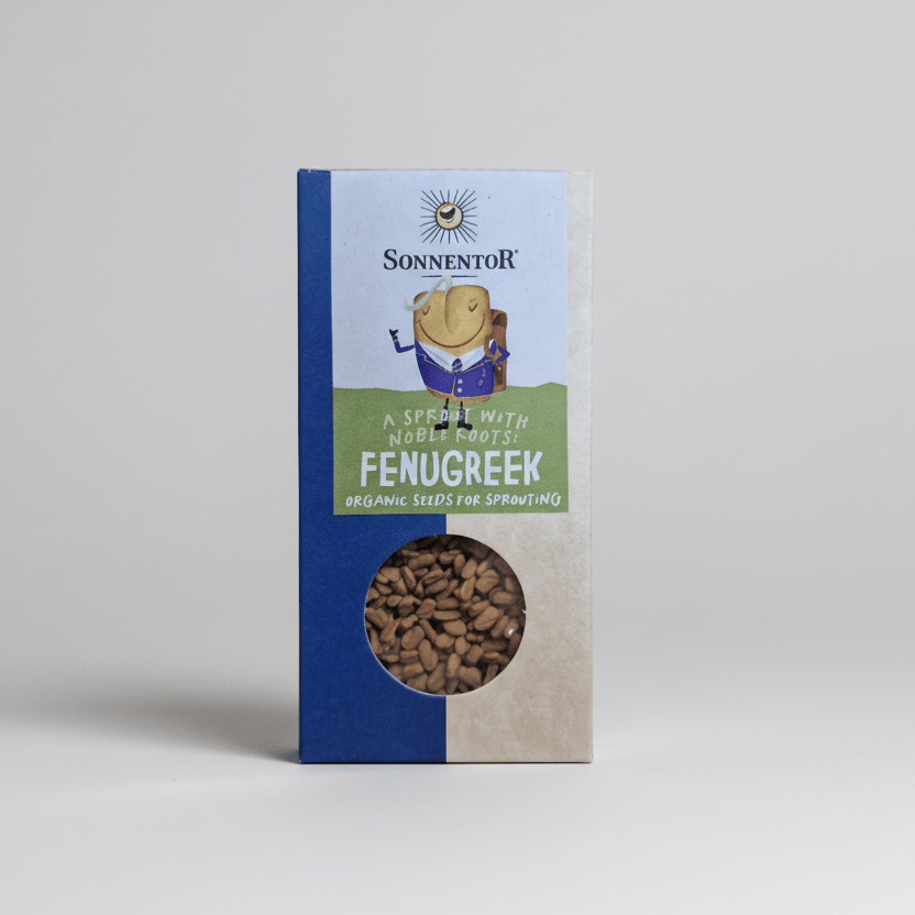 Sonnentor fenugreek seeds packaging on a white background