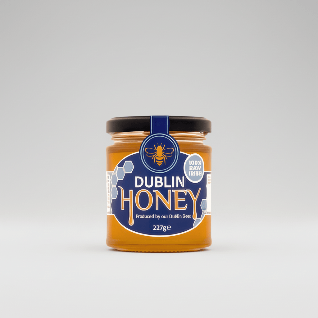A glass jar of Dublin Honey with a black lid and a blue label featuring a bee logo and the text 'DUBLIN HONEY' and '100% RAW IRISH'.