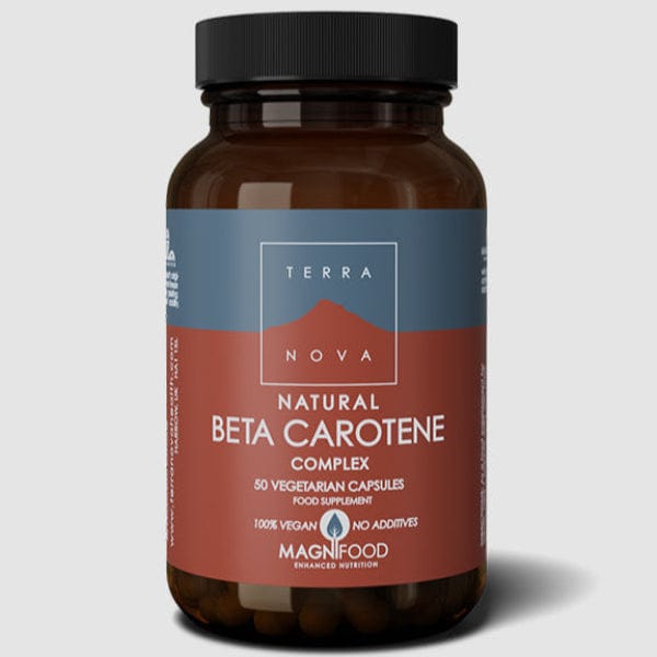 Terra Nova Beta Carotene supplement bottle on a gray background