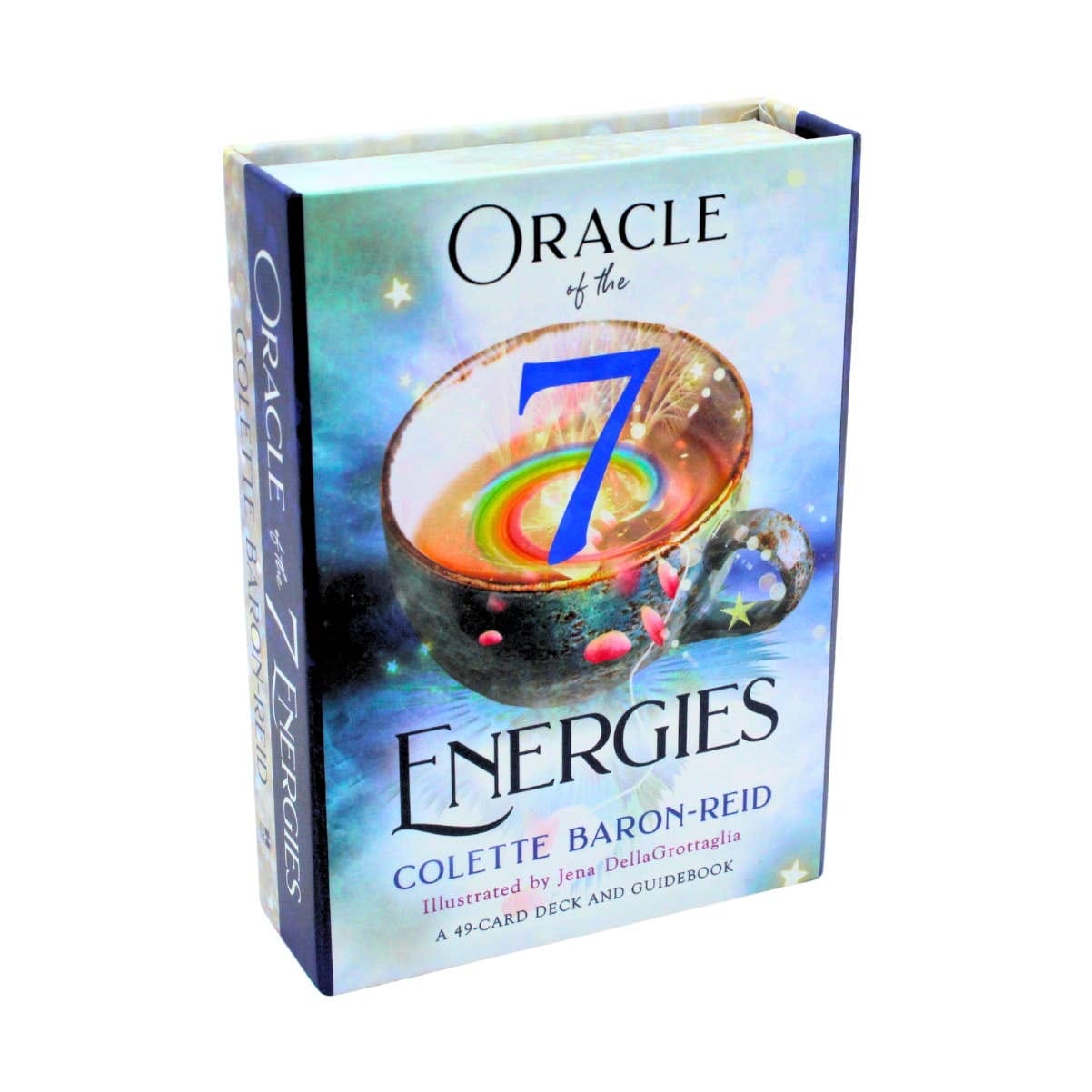 Oracle of the Energies card deck box by Colette Baron-Reid, featuring a blue and white cosmic cover with a glowing cup of rainbow energy and a large blue number 7.