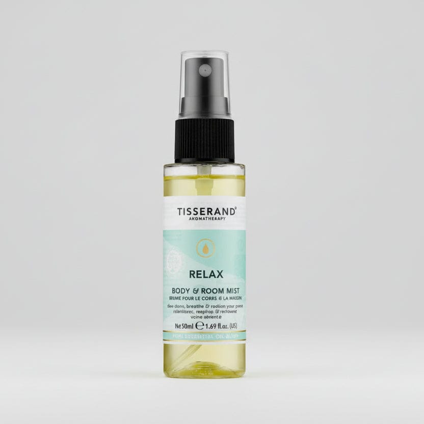 Tisserand Relax body and room mist bottle on a white background
