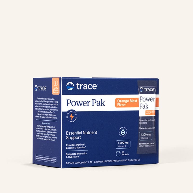 Trace Power Pak Orange Blast flavor essential nutrient support supplement box, 30 pack, shown on a clean off-white background.