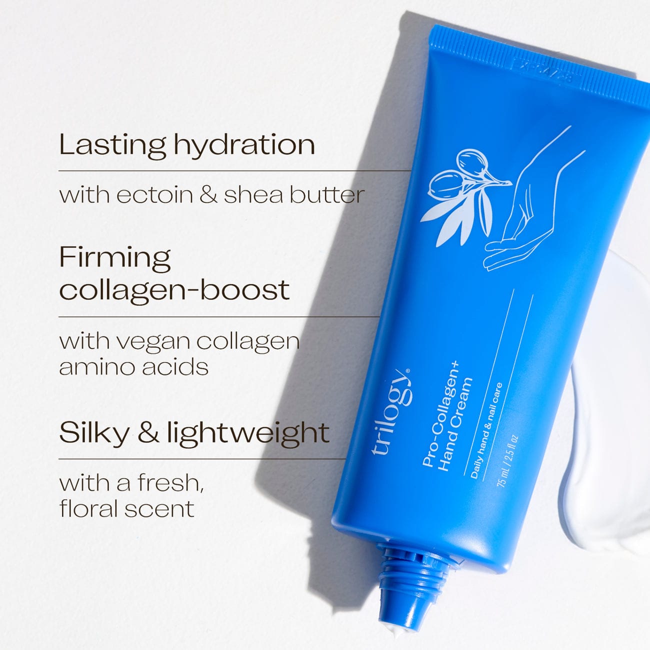 Blue tube of Trilogy Pro-Collagen+ Hand Cream on a white background with product features listed.