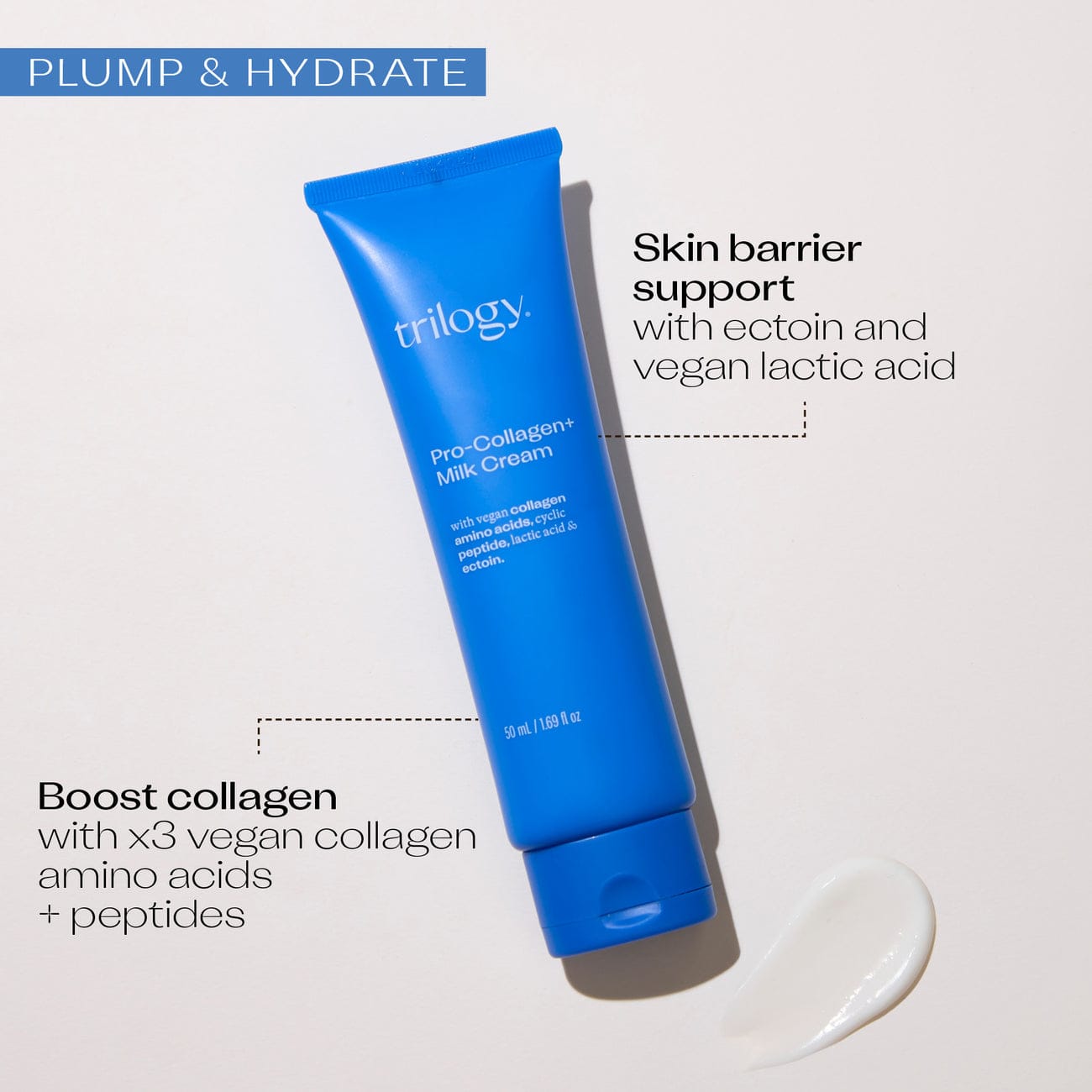 Blue tube of Trilogy Pro-Collagen Milk Cream on a light background with text about its benefits.