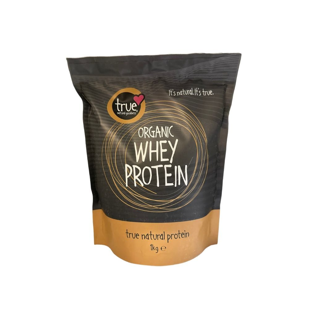 Bag of organic whey protein with 'true natural proteins' branding on a white background