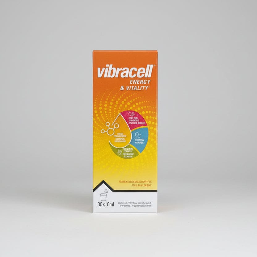 Vibracell energy and vitality supplement box on a white background