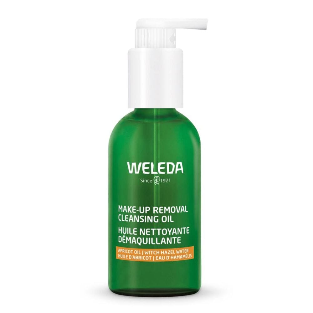 Weleda makeup removal cleansing oil bottle on a white background