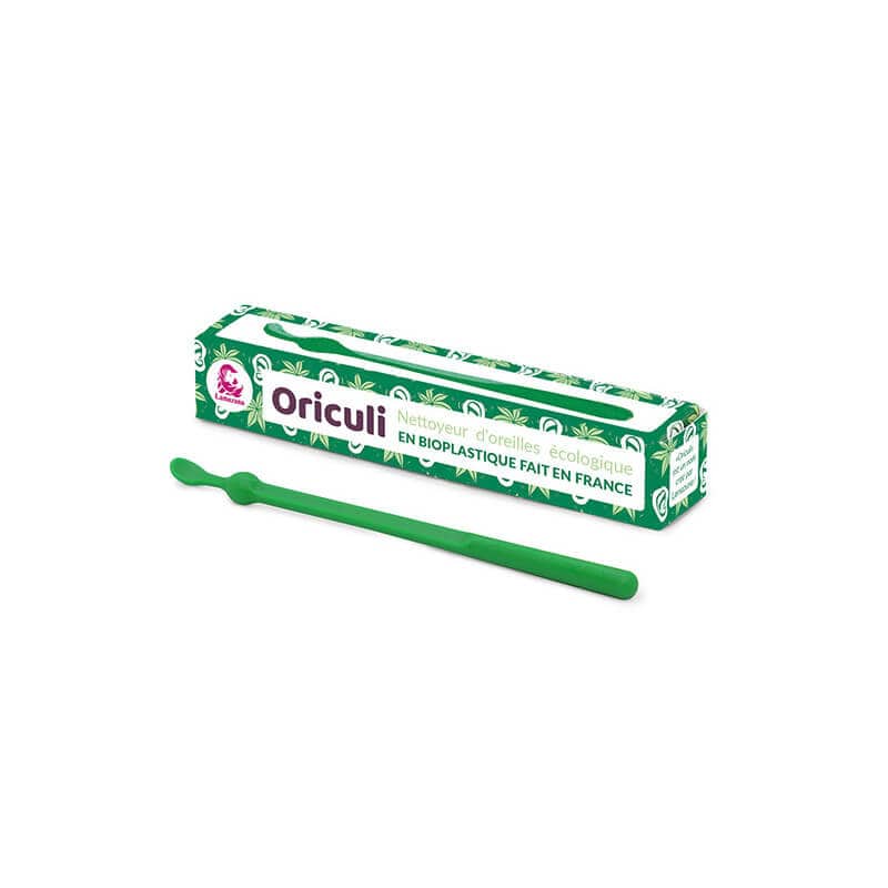 Green ear picking tool with packaging labeled 'Oriculi' on a white background
