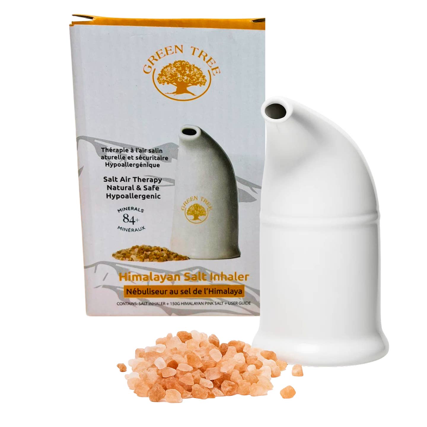 Himalayan salt inhaler with packaging and pink salt crystals on a white background