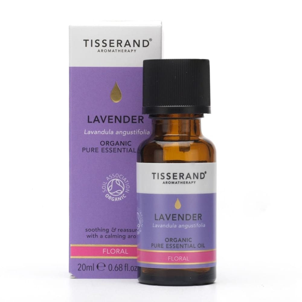 Tisserand Aromatherapy Lavender Organic Pure Essential Oil bottle with its purple and white packaging box, set against a plain white background.