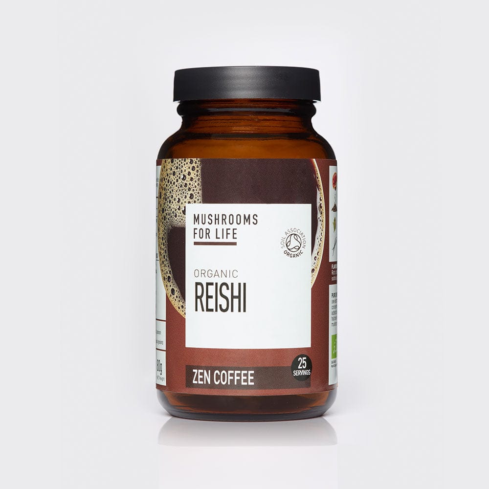 Amber glass bottle labeled 'Mushrooms for Life Organic Reishi Zen Coffee' on a white background