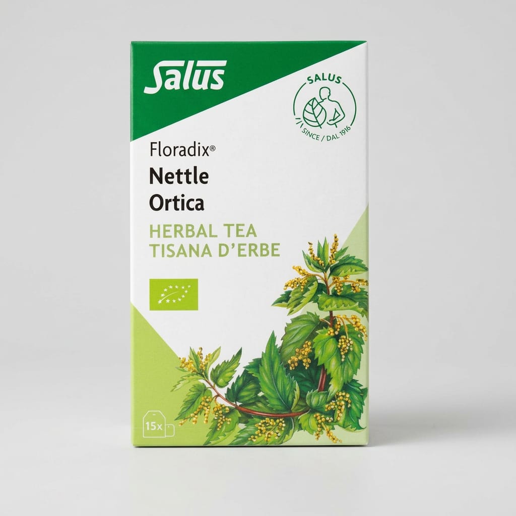 Salus Floradix Nettle Ortica herbal tea box, featuring a green and white design with illustrations of nettle leaves and flowers.
