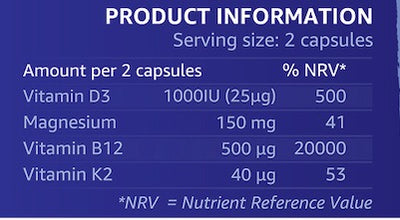 vITaL Vitamin D3 Plus K2, B12 & magnesium Glycinate 60 Caps