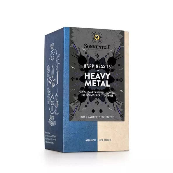 Sonnentor Heavy Metal Tea with Black cumin, thyme, rooibos, savoury, purple carrot, black pepper, black hollyhock, caraway seeds