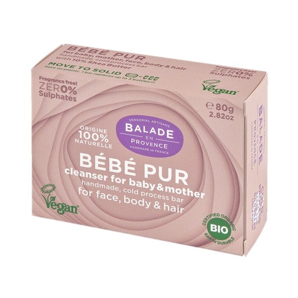 A packaged vegan cleansing soap bar for mother and baby by Balade En Provence, with the product visible through the transparent window of the box.