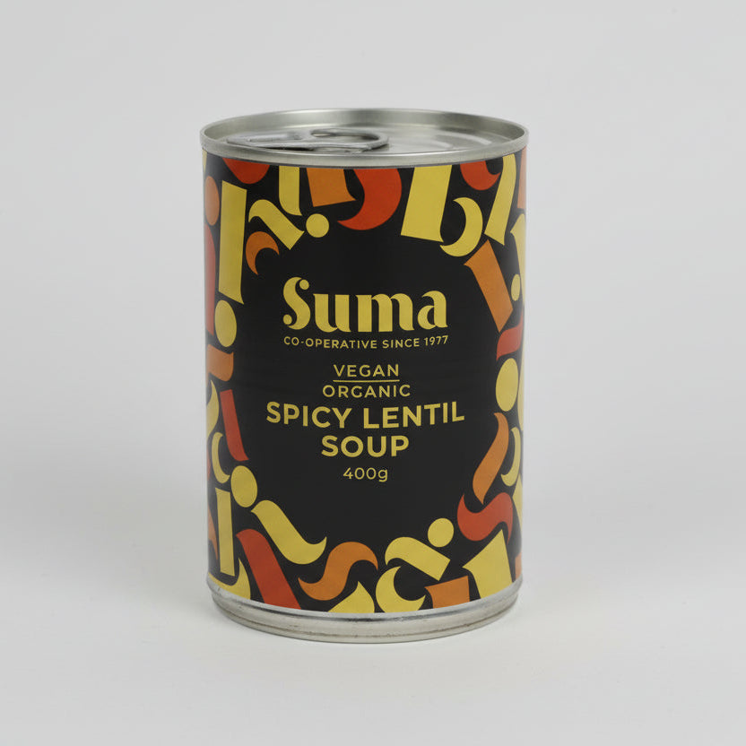 Can of Suma organic, vegan spicy lentil soup