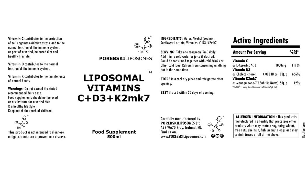 Porebski Liposomal Vitamin C, D3 & K2mk7 500ml Down to Earth
