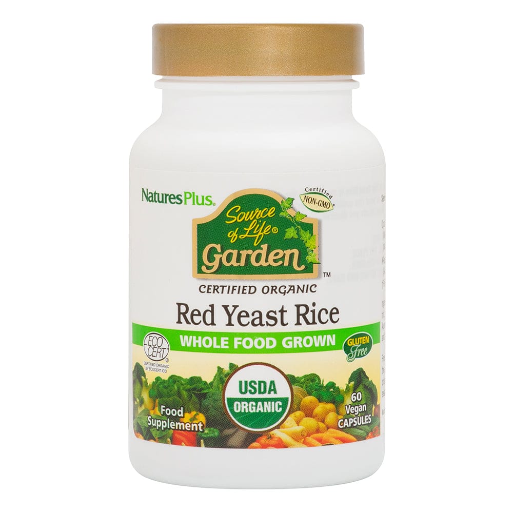 A bottle of Nature's Plus Source of Life Garden Red Yeast Rice 60 Caps, with labeling indicating it is organic and contains 60 capsules.
