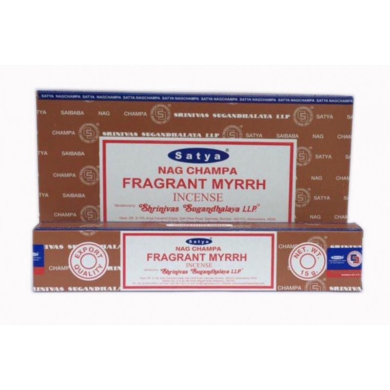 A box of Satya Nag Champa Fragrant Myrrh Incense sticks with branding and product information displayed on the packaging.